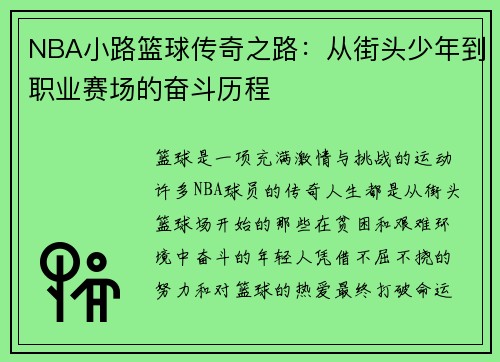 NBA小路篮球传奇之路：从街头少年到职业赛场的奋斗历程