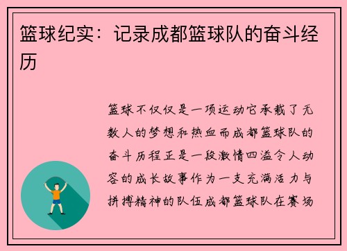 篮球纪实：记录成都篮球队的奋斗经历