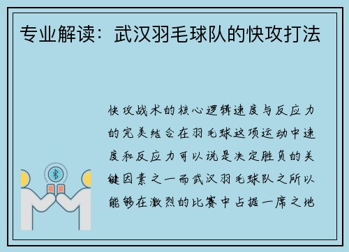 专业解读：武汉羽毛球队的快攻打法