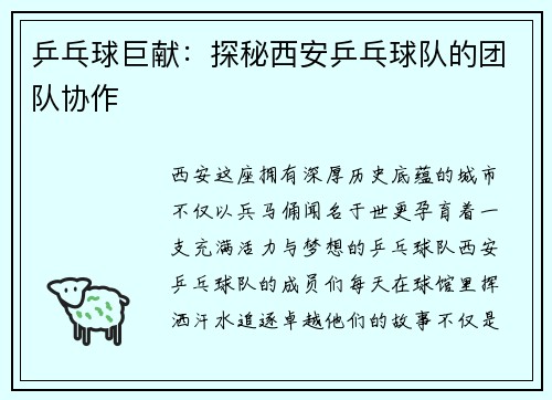 乒乓球巨献：探秘西安乒乓球队的团队协作