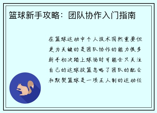 篮球新手攻略：团队协作入门指南