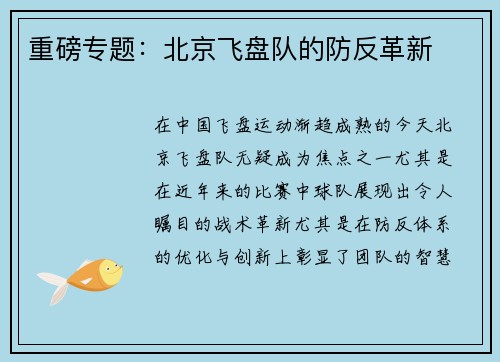 重磅专题：北京飞盘队的防反革新