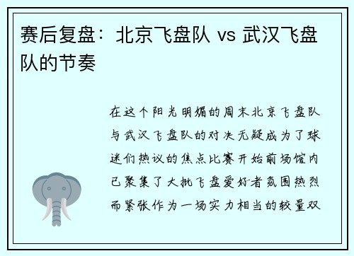 赛后复盘：北京飞盘队 vs 武汉飞盘队的节奏