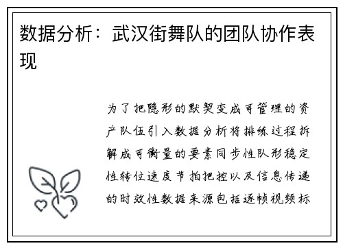 数据分析：武汉街舞队的团队协作表现