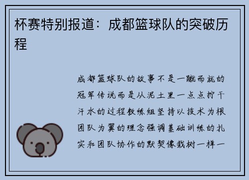 杯赛特别报道：成都篮球队的突破历程
