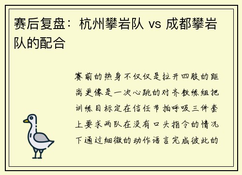 赛后复盘：杭州攀岩队 vs 成都攀岩队的配合